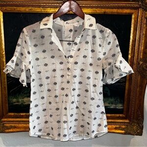 A Loves A White Bell Sleeve Embroidered Collared Cotton Shirt XS Preppy Feminine